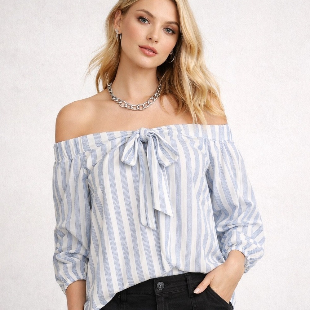 Maeve‎ Anthropologie Off The Shoulder Striped Tie Neck Blouse Size Small Cotton